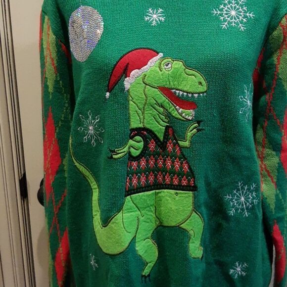 Jolly Christmas Sweater T Rex RAWR! Large Christmas Large Ugly Party Sweater - Picture 2 of 5